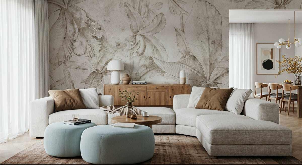 Orchids Sketch Mural Wallpaper - Light Tone - room preview 02