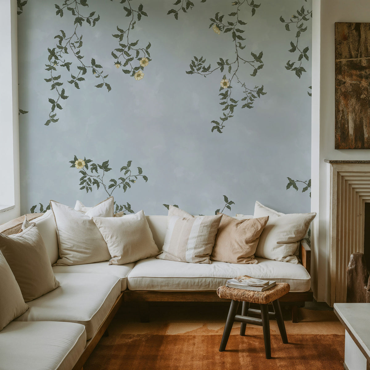 Rambling Rose, Butter Yellow on Sky Mural Wallpaper - room preview 02