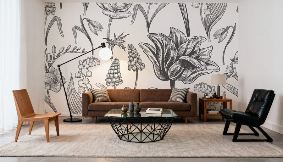 Floral Wallpaper Mural – Flower Wallpaper – Spring Flower Sketching