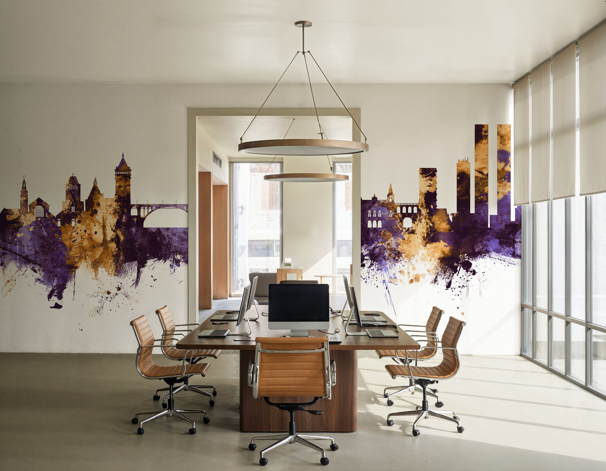 Luxembourg City Skyline Purple & Gold Mural Wallpaper - room preview 02