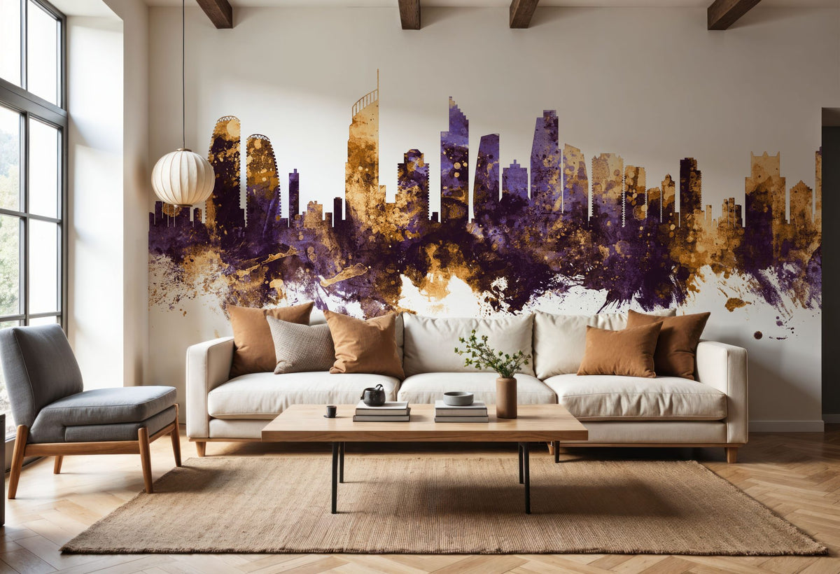 Gold Coast Australia Skyline Purple & Gold Mural Wallpaper - room preview 02