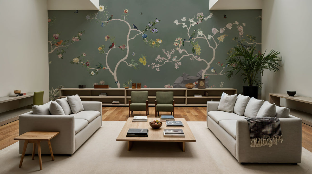 Birds in the Garden Dark Green Mural Wallpaper - room preview 02