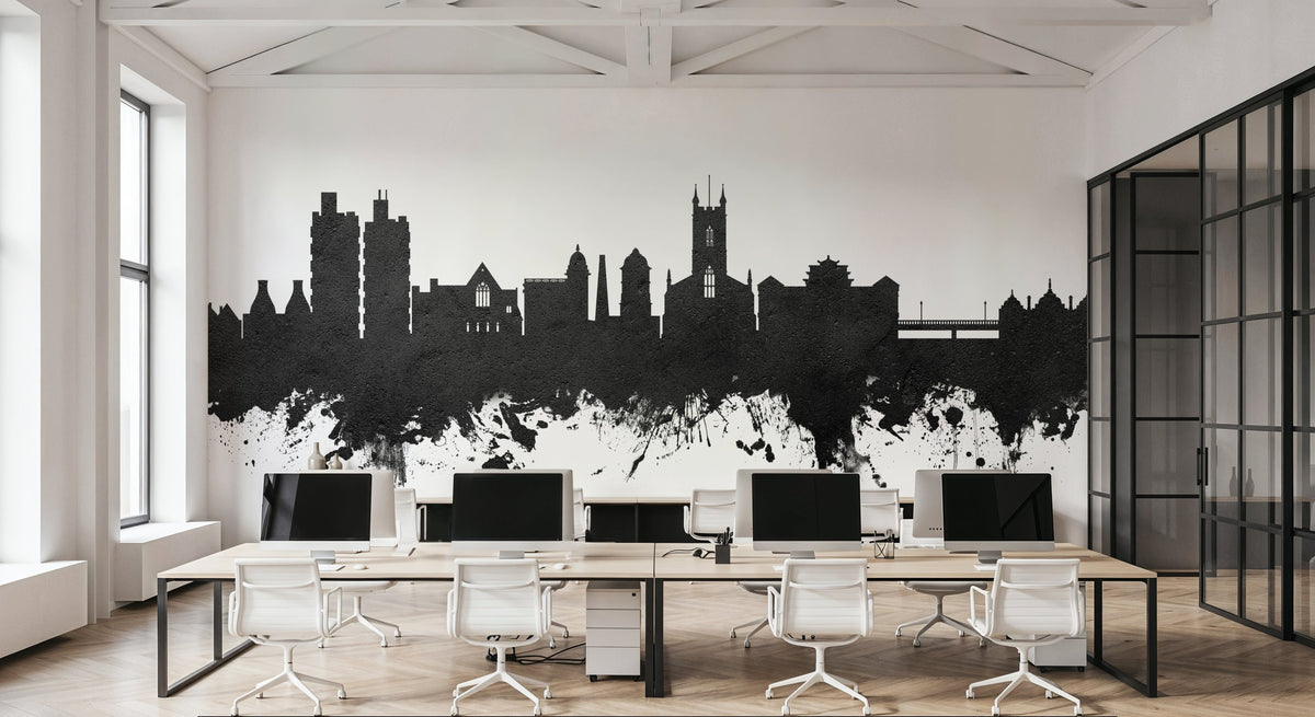 Stoke-on-Trent Skyline Black & White Mural Wallpaper - room preview 02