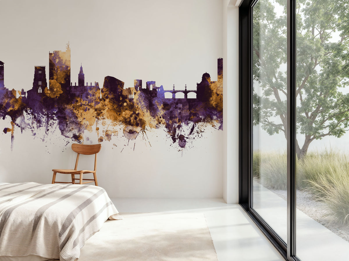 Newport Wales Skyline Purple & Gold Mural Wallpaper - room preview 02