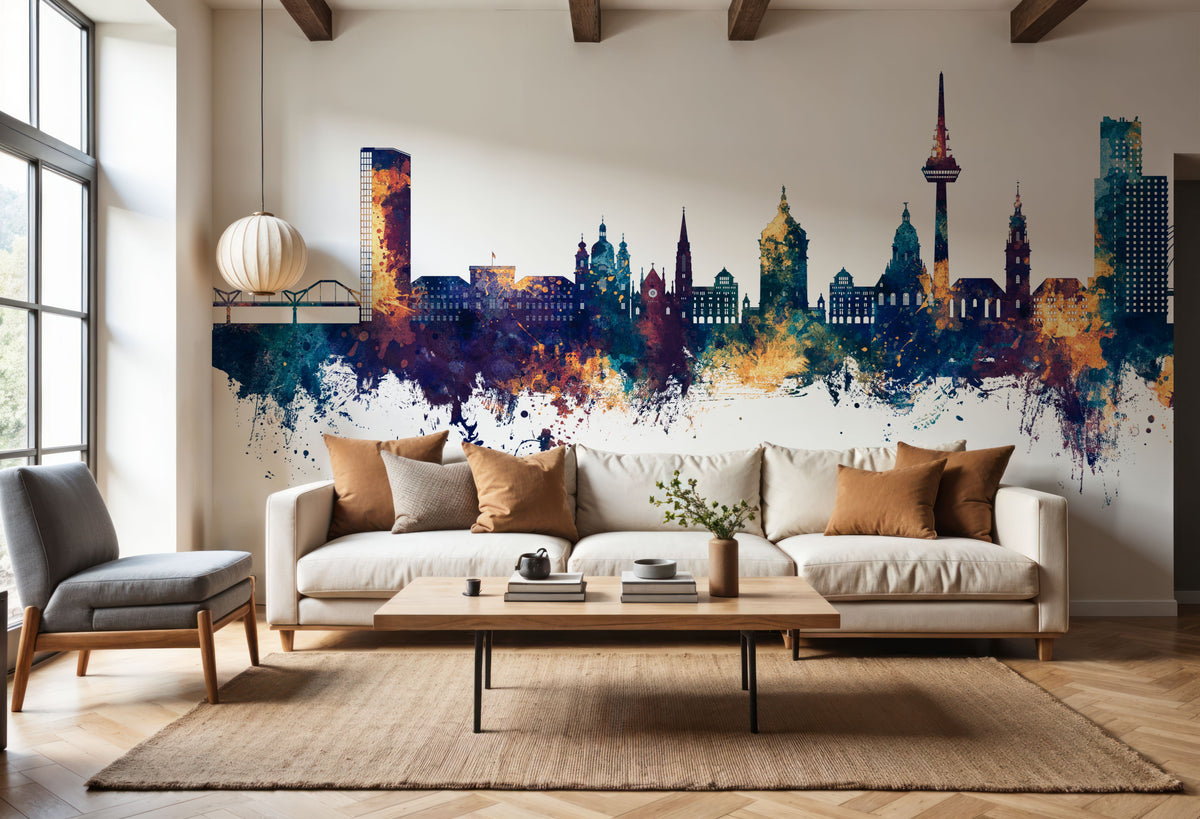 Mannheim Germany Skyline Blue & Bronze Mural Wallpaper - room preview 02