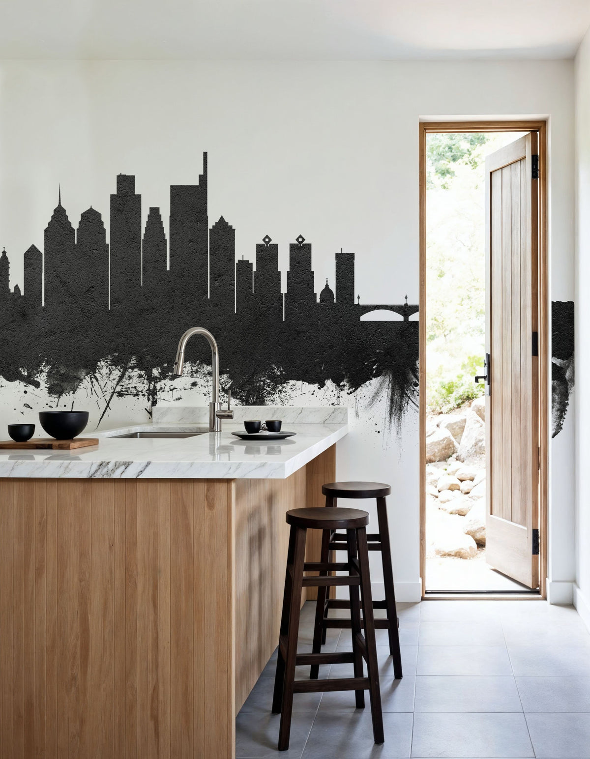 Philadelphia Skyline Black & White Mural Wallpaper - room preview 02