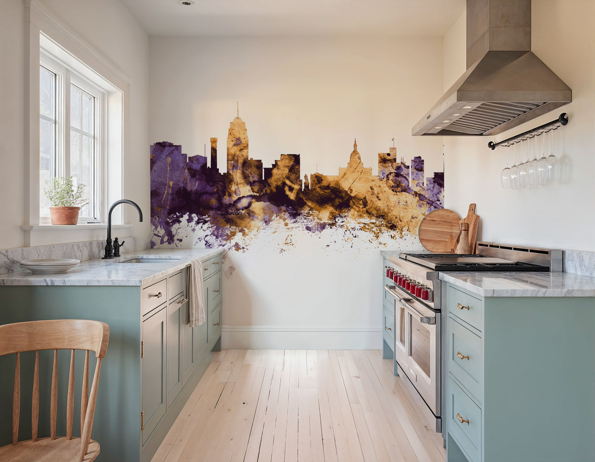 Lansing Michigan Skyline Purple & Gold Mural Wallpaper - room preview 02