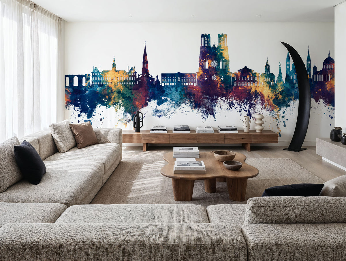 Reims France Skyline Blue & Bronze Mural Wallpaper - room preview 02