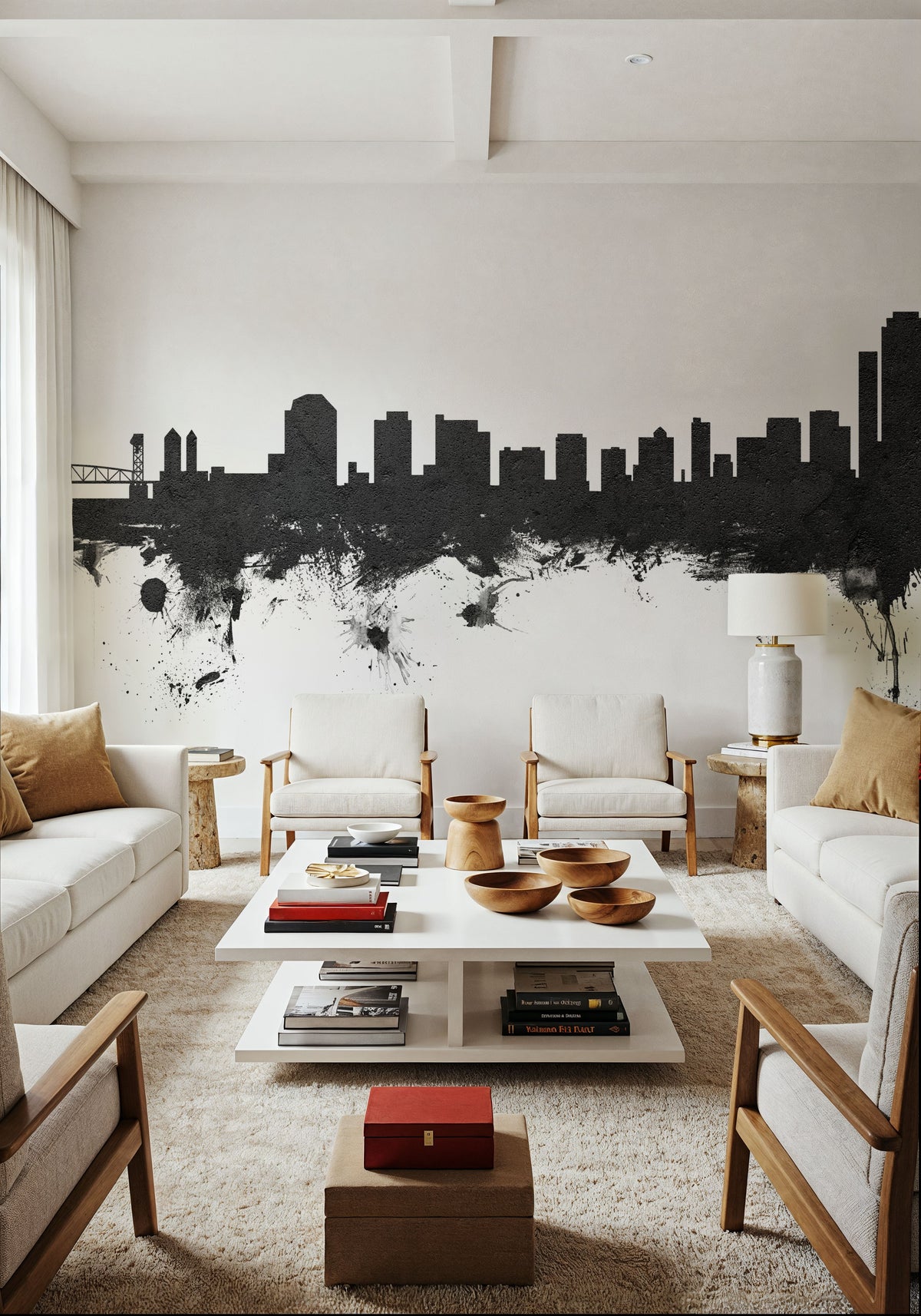 Wilmington Delaware Skyline Black & White Mural Wallpaper - room preview 02