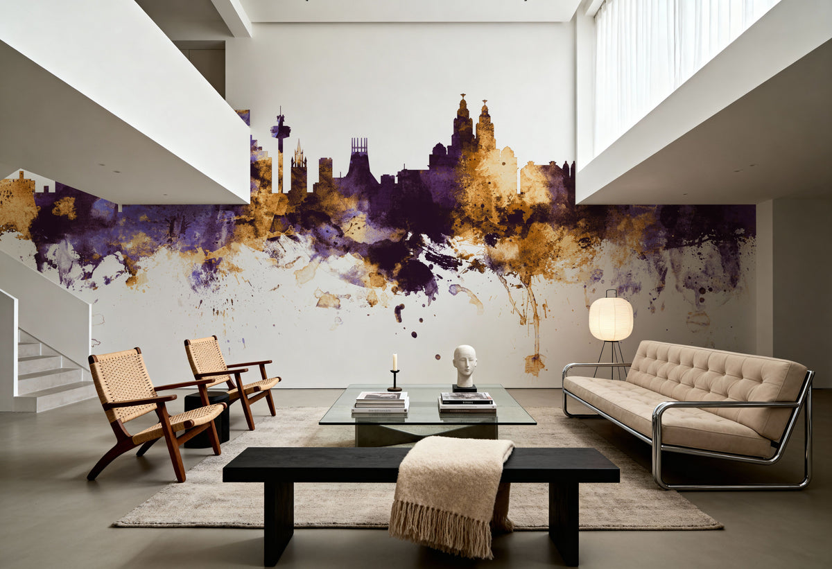 Liverpool England Skyline Purple & Gold Mural Wallpaper - room preview 02