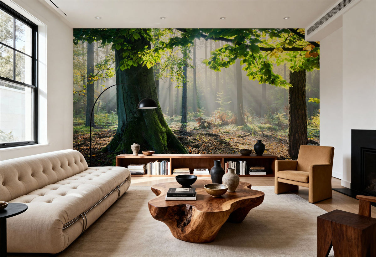 Mystical Forest Sunrays Mural Wallpaper - room preview 02