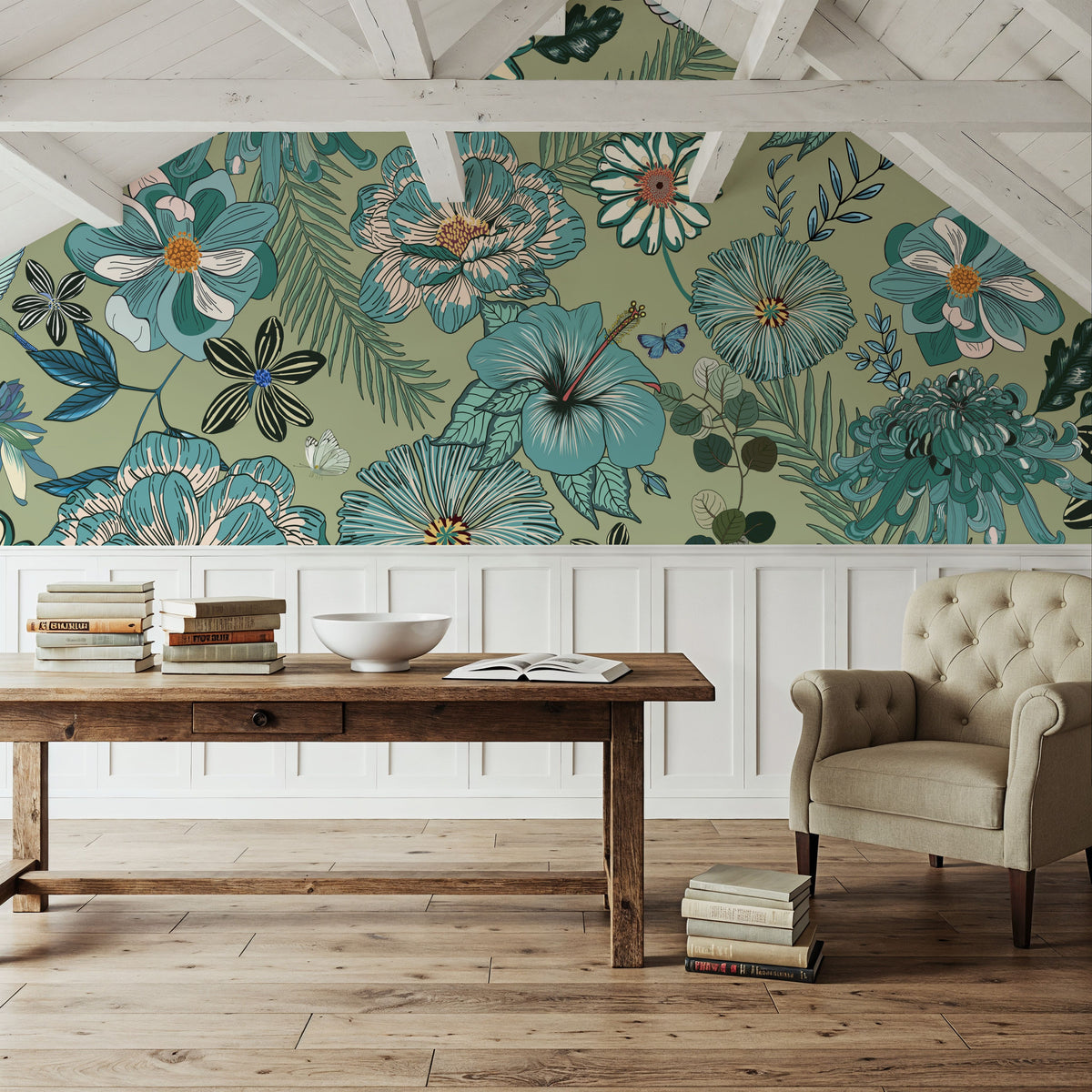 Teal Botanicals Mural Wallpaper - room preview 02
