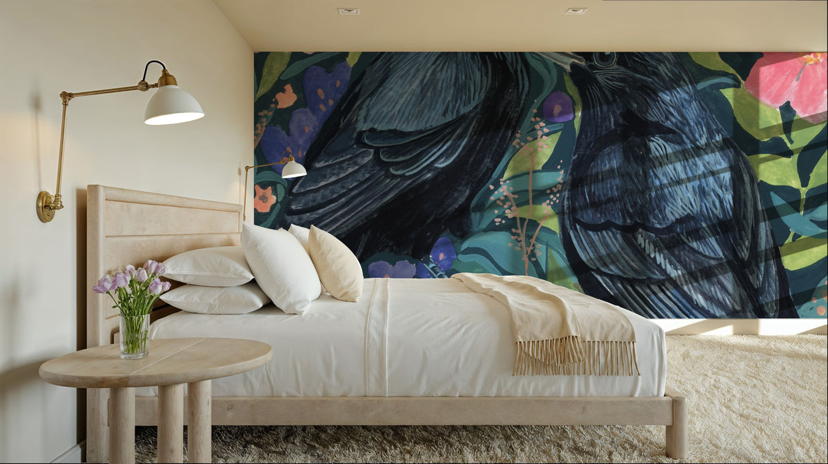 Two Crows on Flowers Mural Wallpaper - room preview 02
