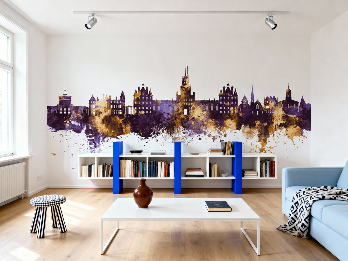 Egham England Skyline Purple & Gold Mural Wallpaper - room preview 02