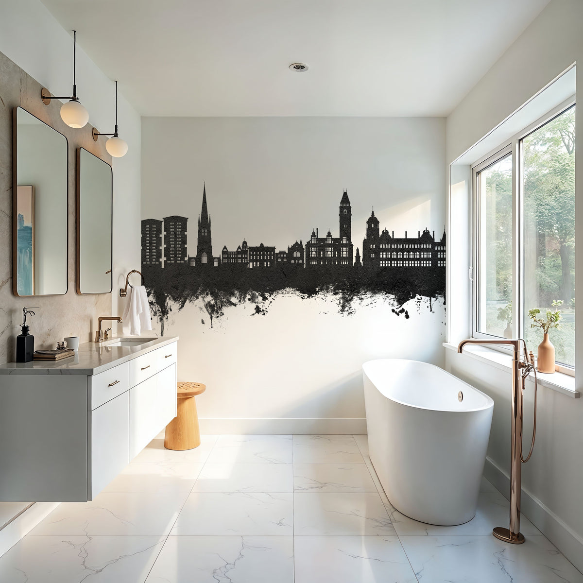 Wakefield England Skyline Black & White Mural Wallpaper - room preview 02