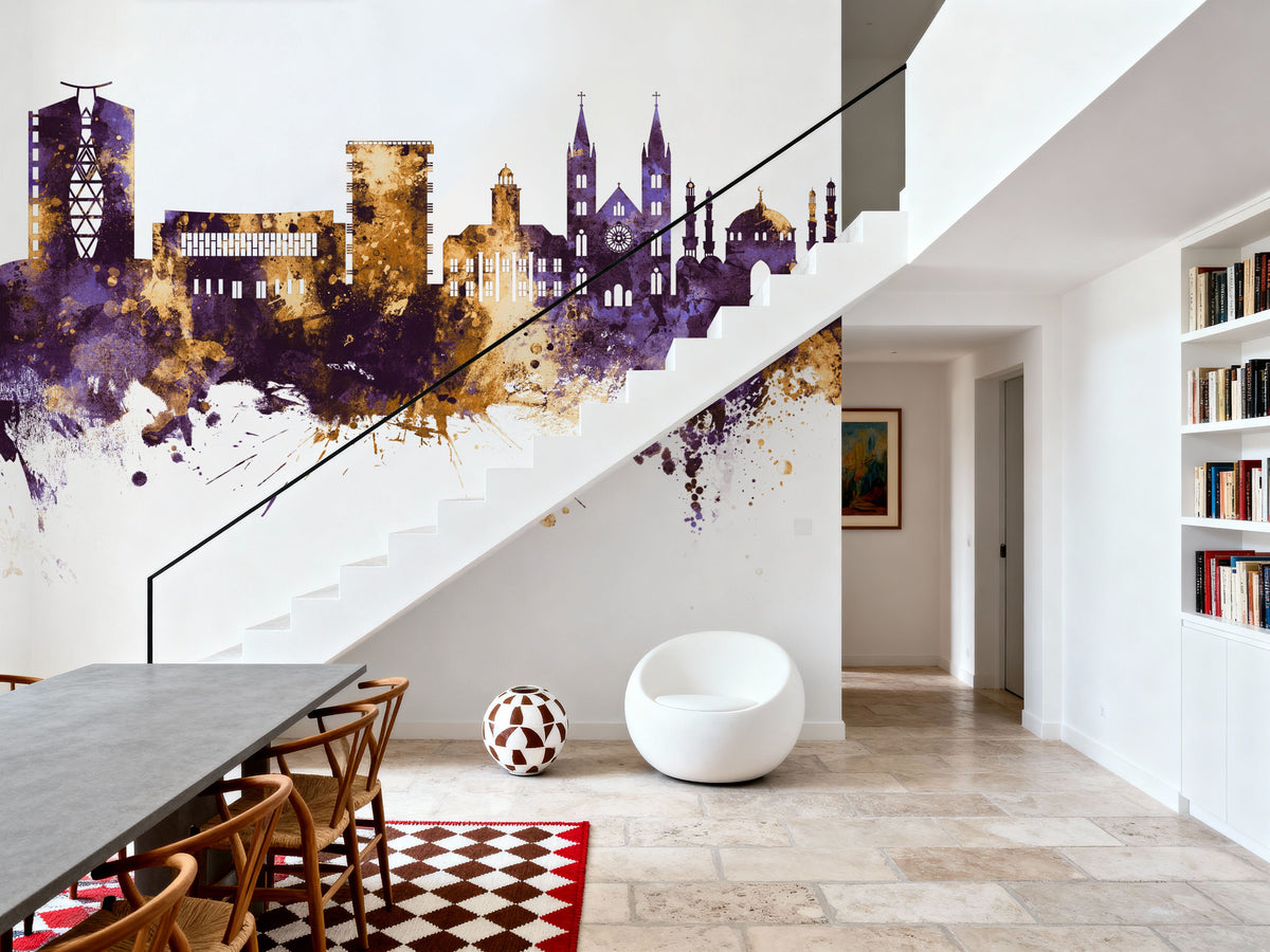Paramaribo Suriname Skyline Purple & Gold Mural Wallpaper - room preview 02