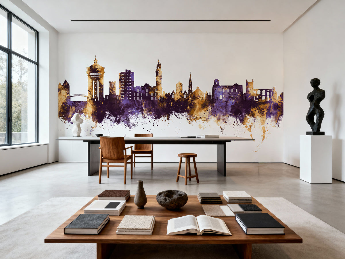 Colchester England Skyline Purple & Gold Mural Wallpaper - room preview 02