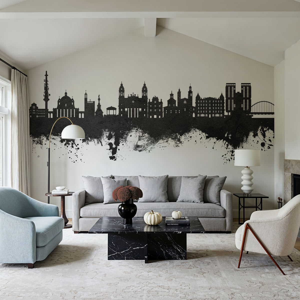 Pamplona Spain Skyline Black & White Mural Wallpaper - room preview 02
