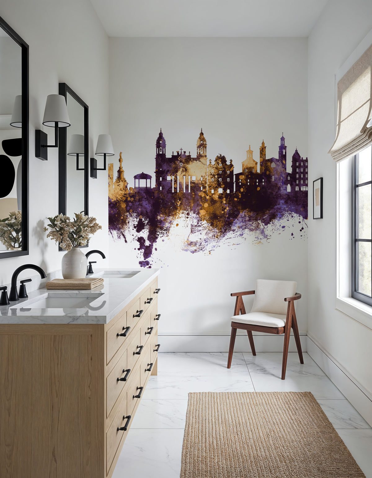 Pamplona Spain Skyline Purple & Gold Mural Wallpaper - room preview 02