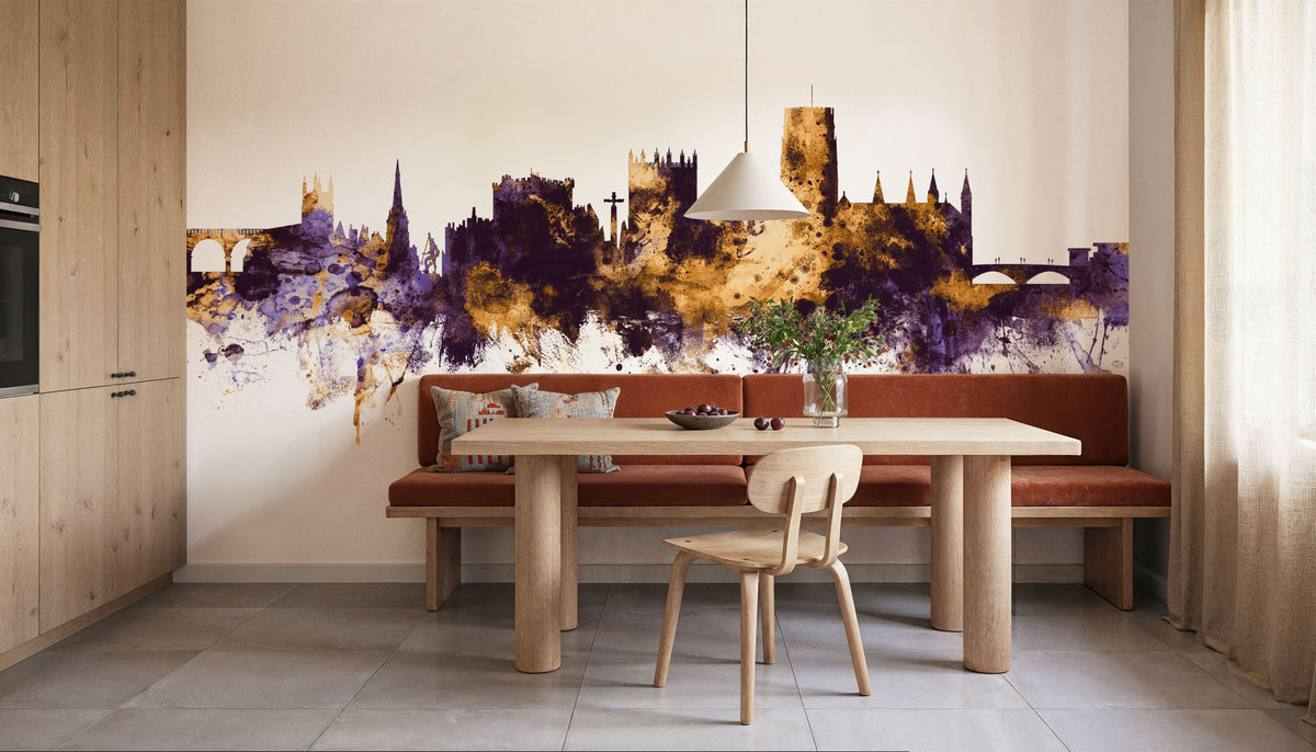 Durham England Skyline Purple & Gold Mural Wallpaper - room preview 02