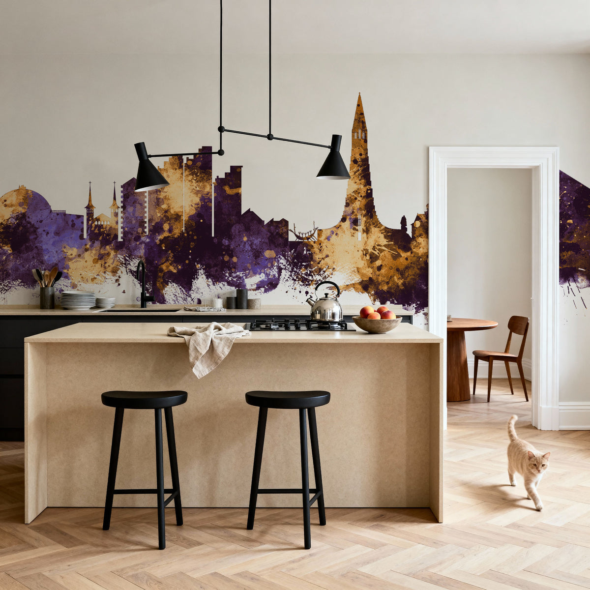 Reykjavík Skyline Purple & Gold Mural Wallpaper - room preview 02