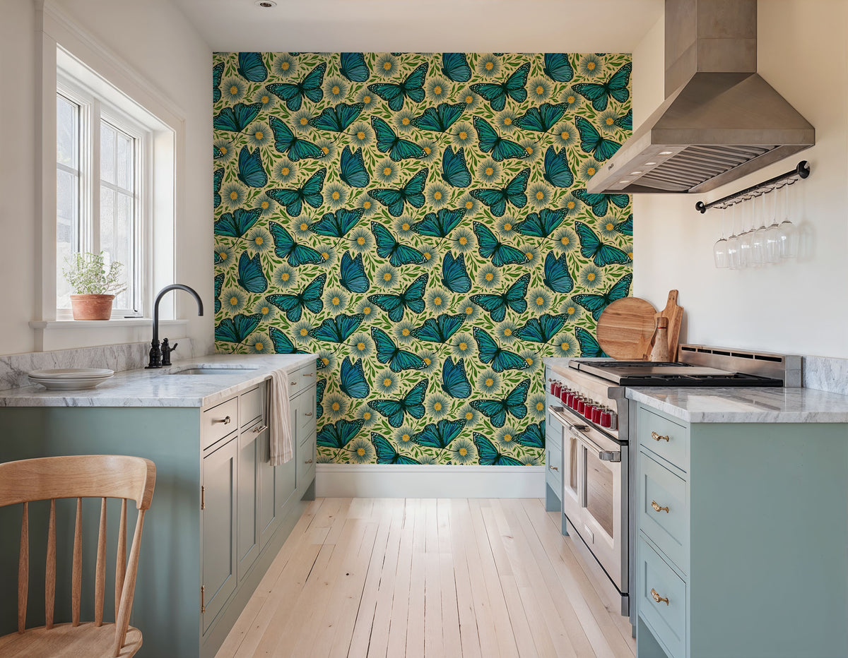 Papillion II, Aqua on Cream Mural Wallpaper - room preview 02
