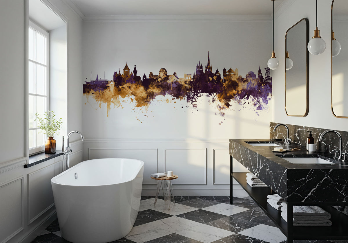 Lausanne Switzerland Skyline Purple & Gold Mural Wallpaper - room preview 02
