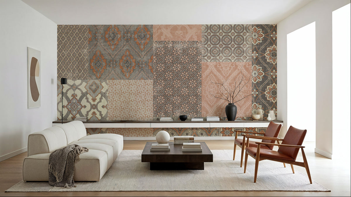 Venetian Patchwork I Orange Gray Mural Wallpaper - room preview 02