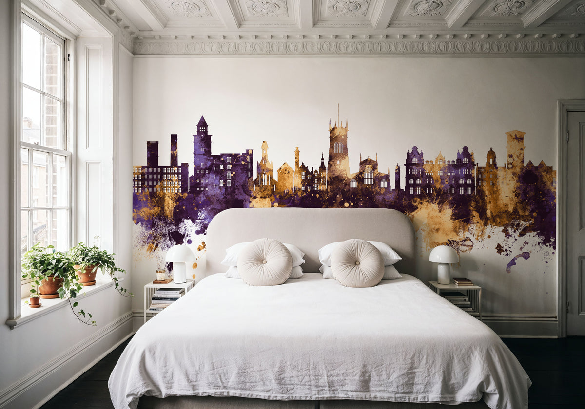 Wigan England Skyline Purple & Gold Mural Wallpaper - room preview 02