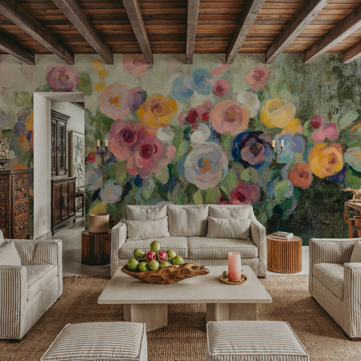Flowers on Mossy Green Mural Wallpaper - room preview 02