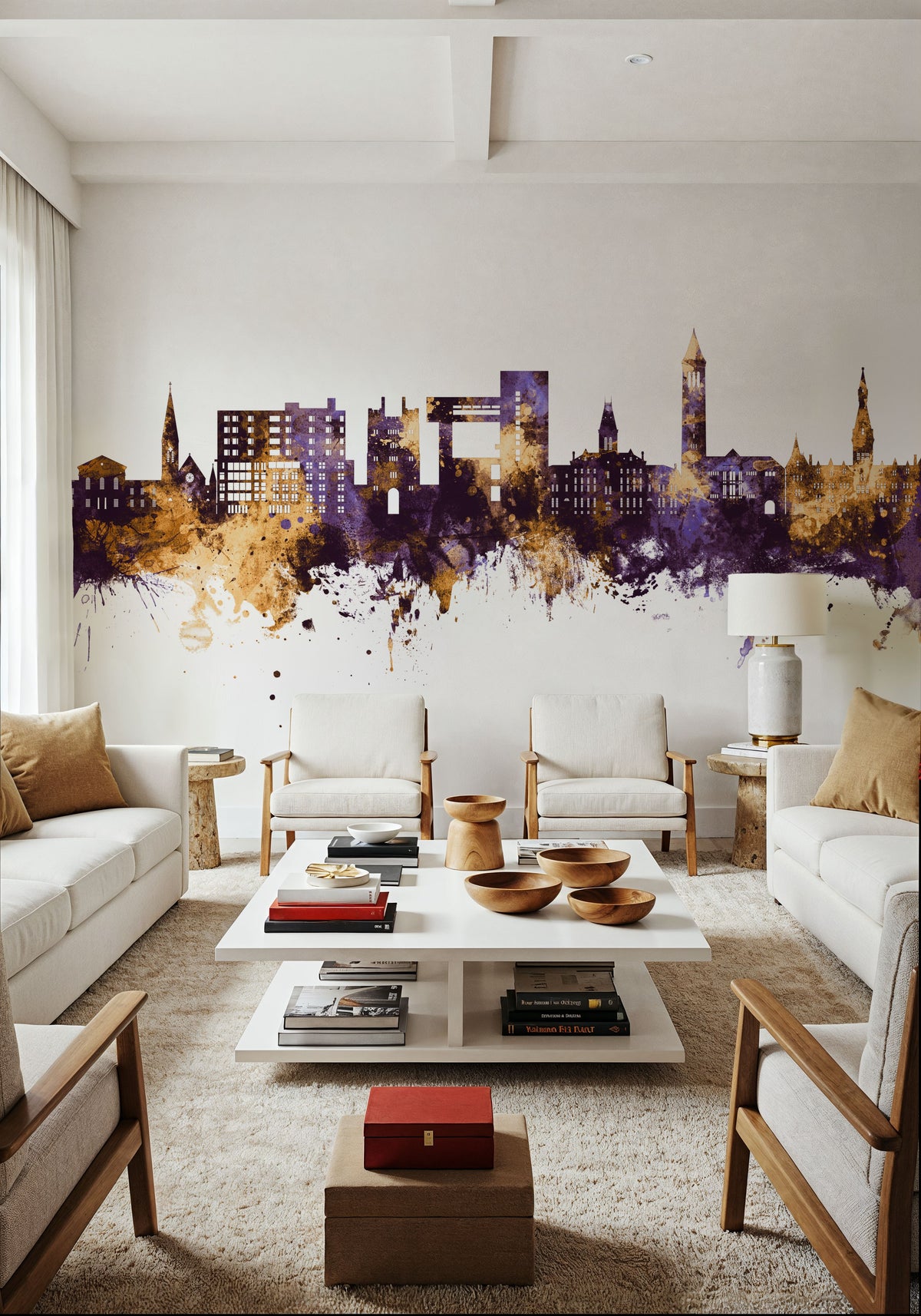 Ithaca New York Skyline Purple & Gold Mural Wallpaper - room preview 02