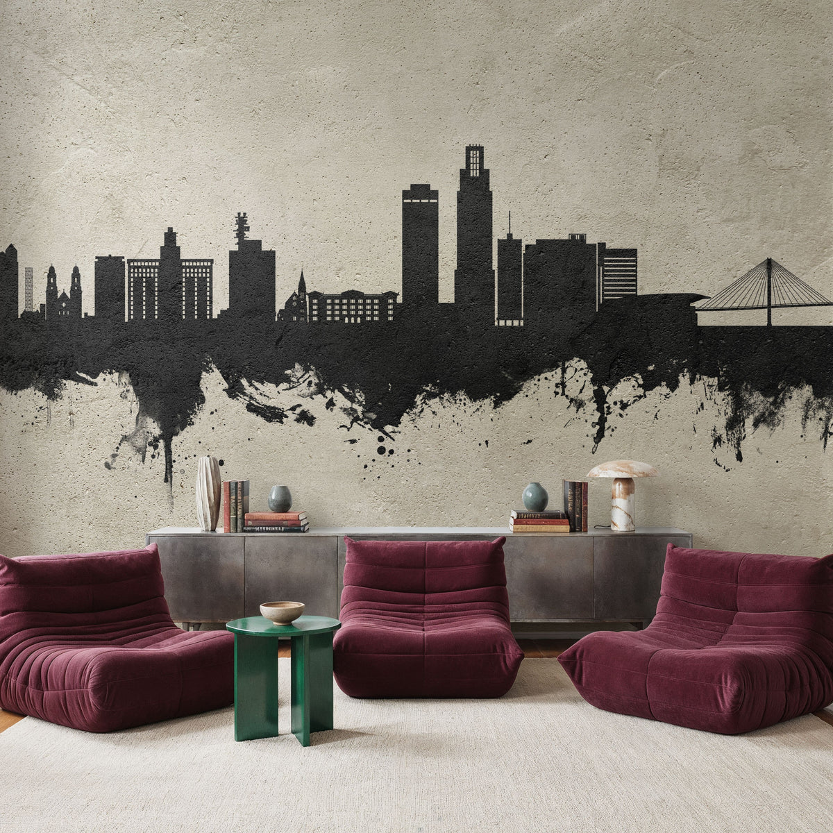 Omaha Nebraska Skyline Concrete Mural Wallpaper - room preview 02
