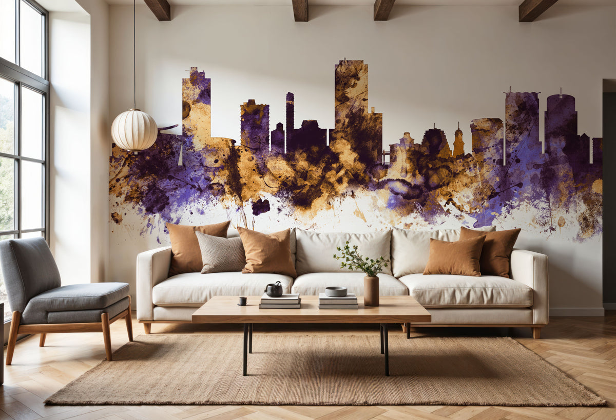 Wellington New Zealand Skyline Purple & Gold Mural Wallpaper - room preview 02