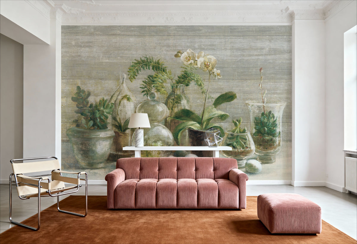 Greenhouse Orchids on Wood V2 Mural Wallpaper - room preview 02