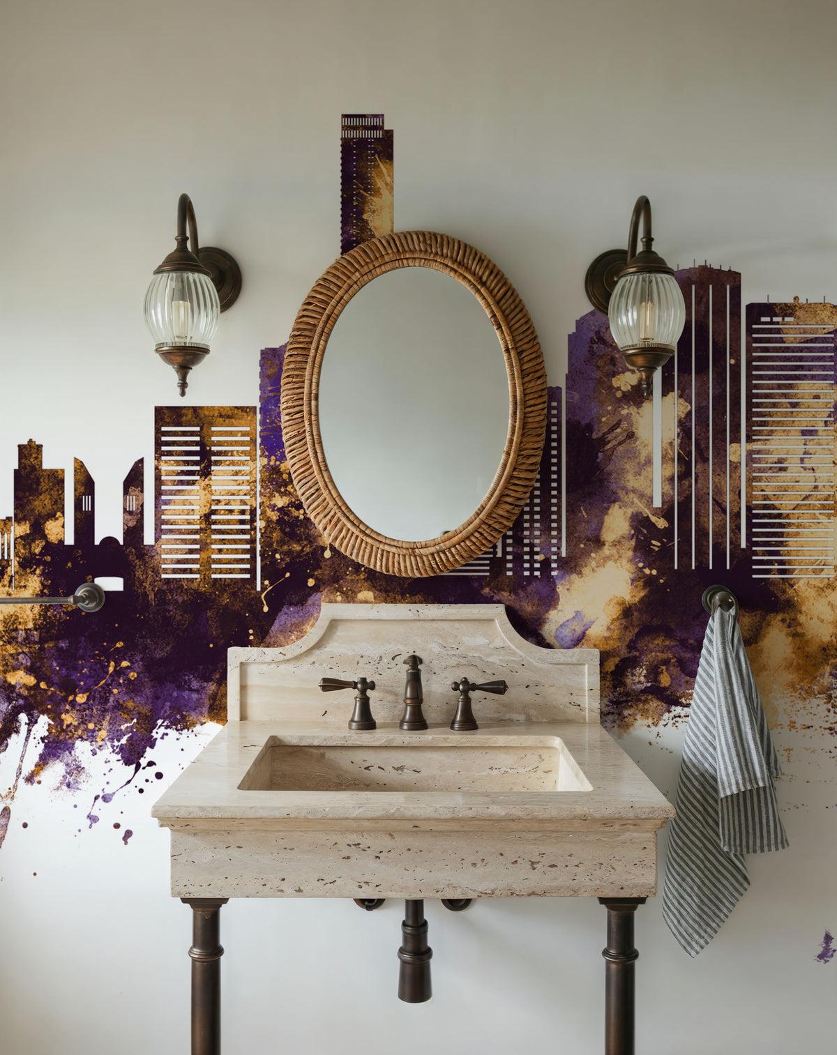 Edmonton Canada Skyline Purple & Gold Mural Wallpaper - room preview 02