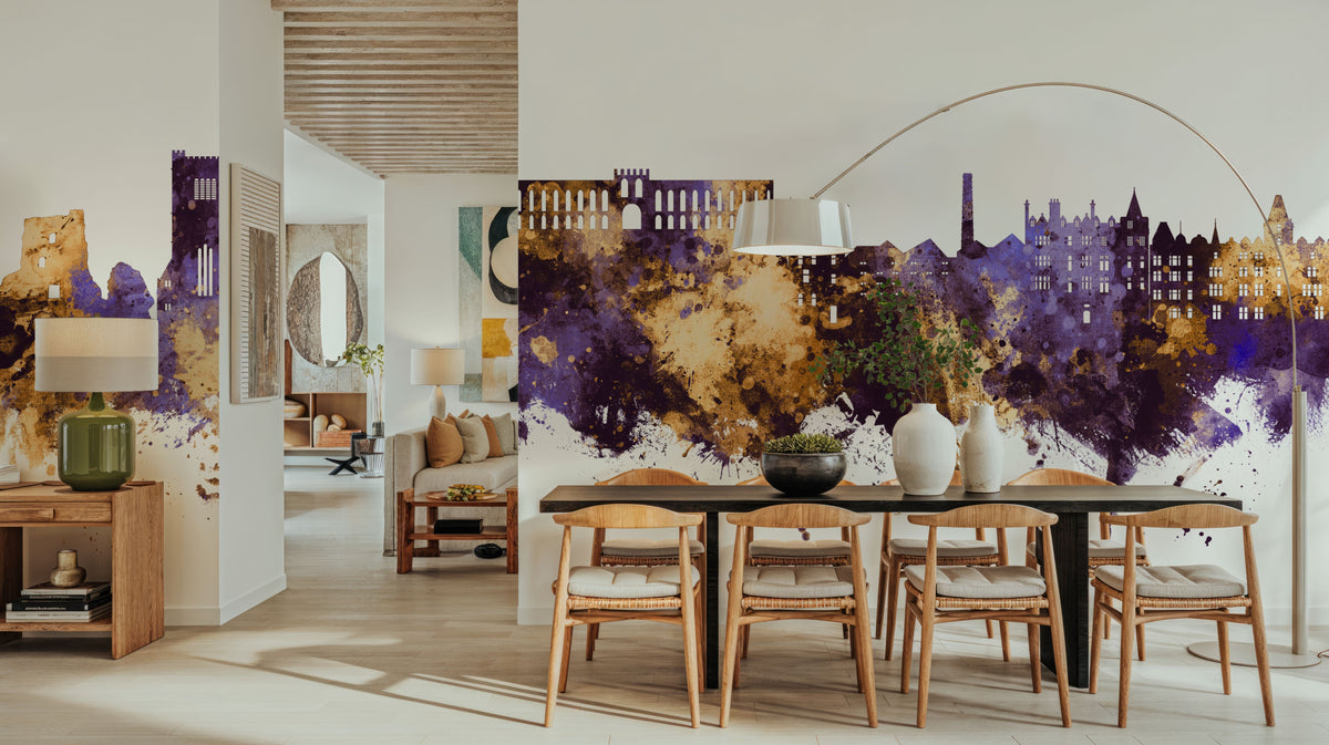 Oban Scotland Skyline Purple & Gold Mural Wallpaper - room preview 02