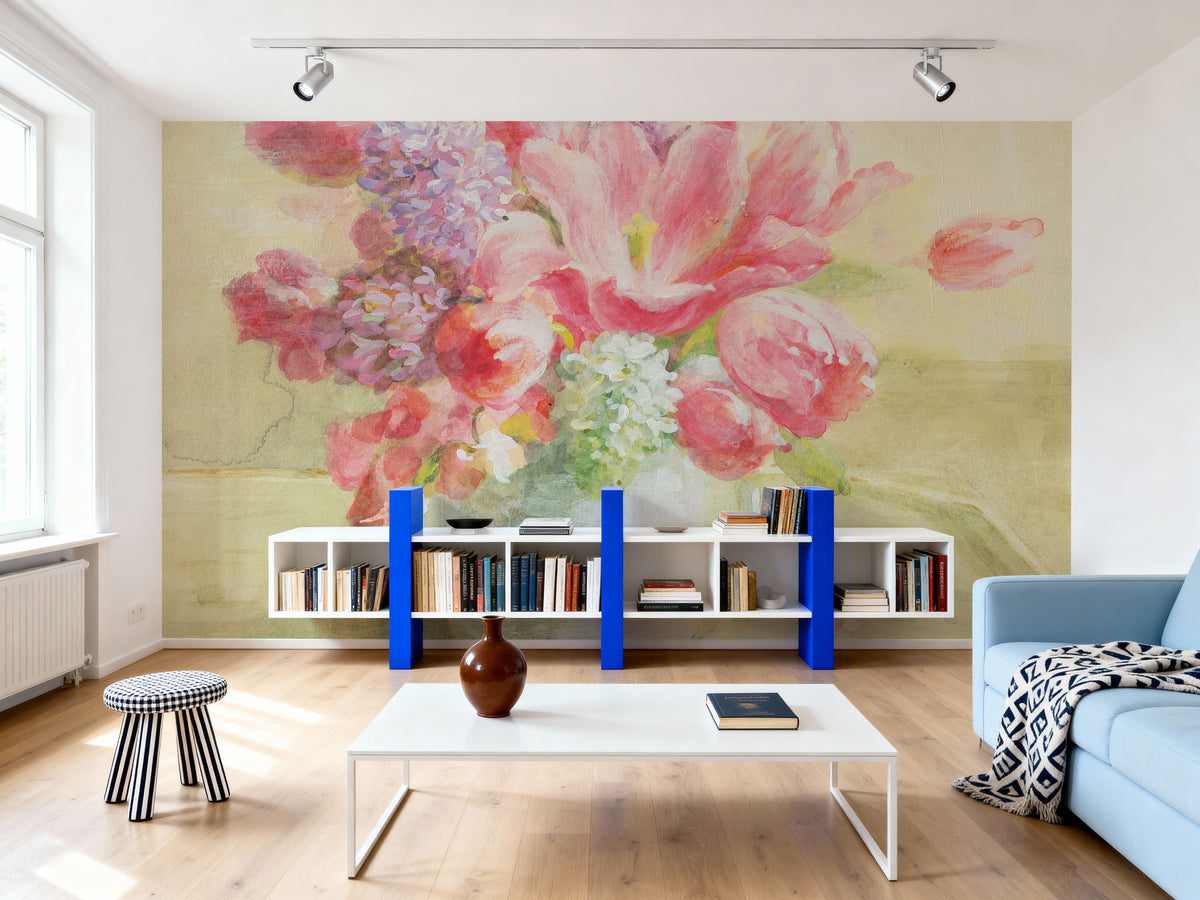 Tulips and Hyacinths on White Mural Wallpaper - room preview 02