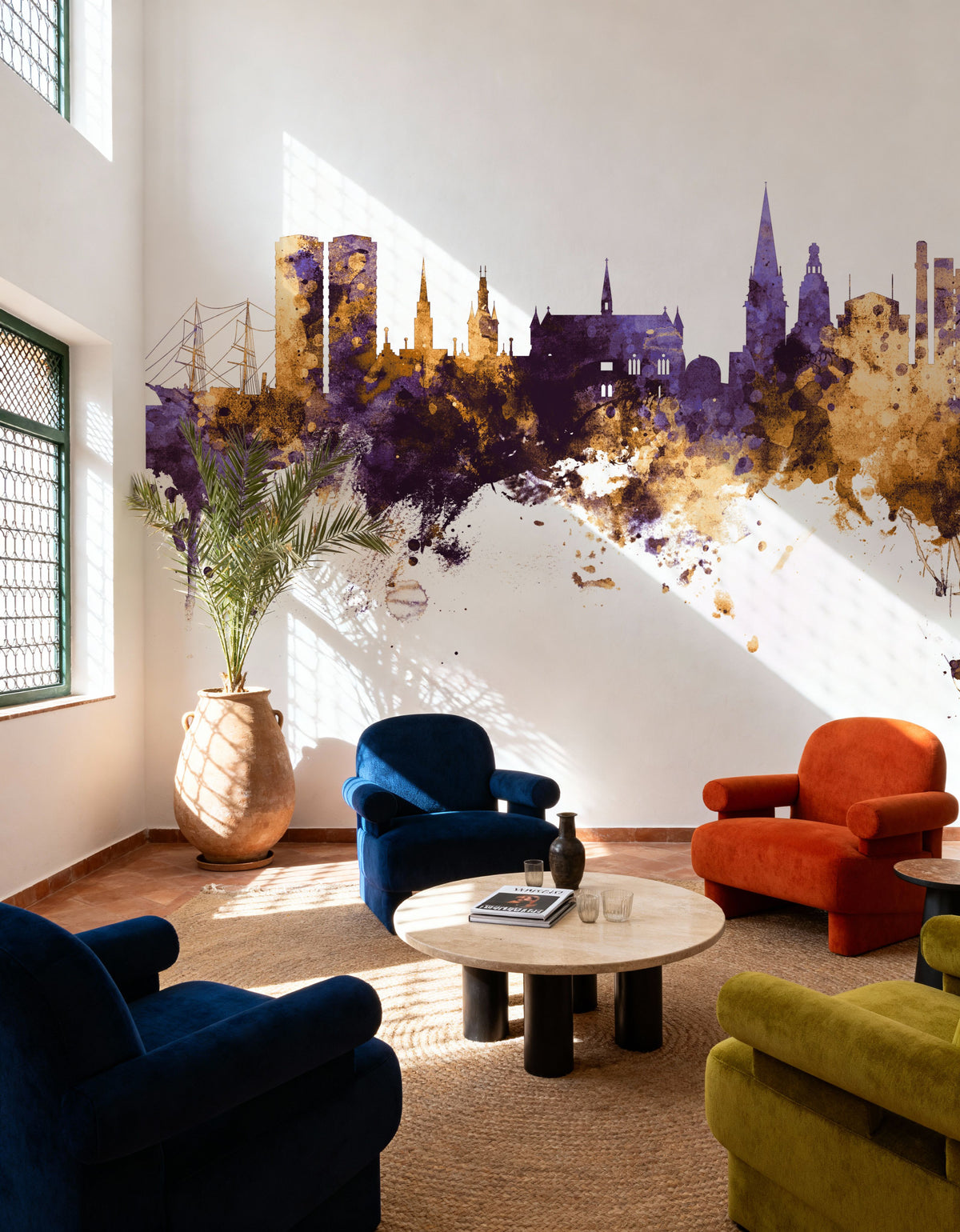 Dundee Scotland Skyline Purple & Gold Mural Wallpaper - room preview 02