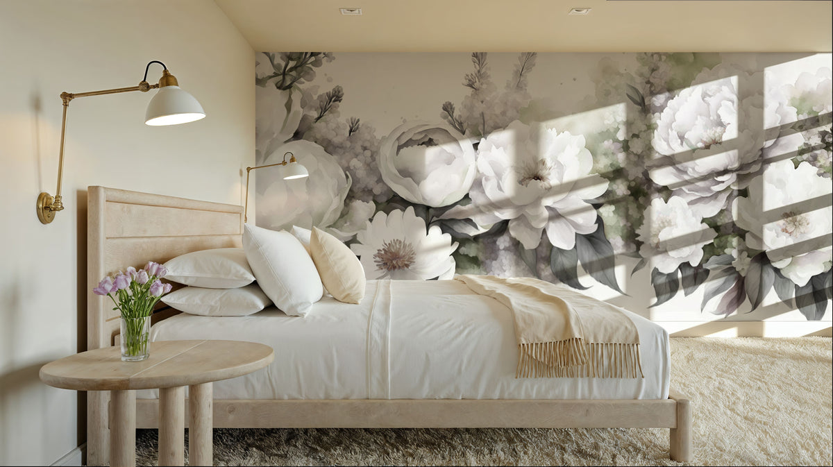Peony Melody Green and Purple Mural Wallpaper - room preview 02
