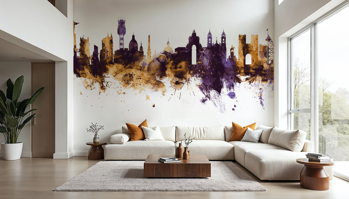 Lisbon Portugal Skyline Purple & Gold Mural Wallpaper - room preview 02