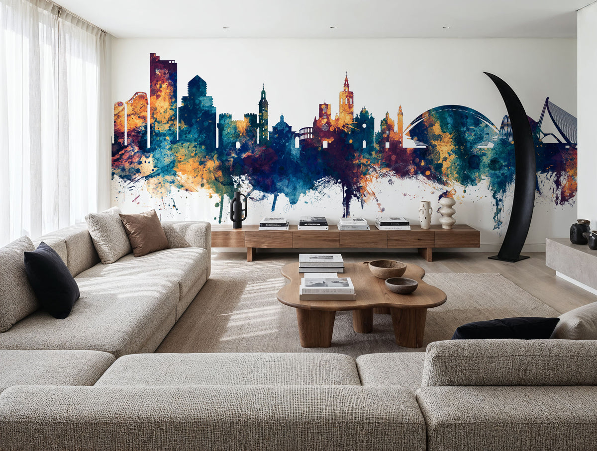 Valencia Spain Skyline Blue & Bronze Mural Wallpaper - room preview 02