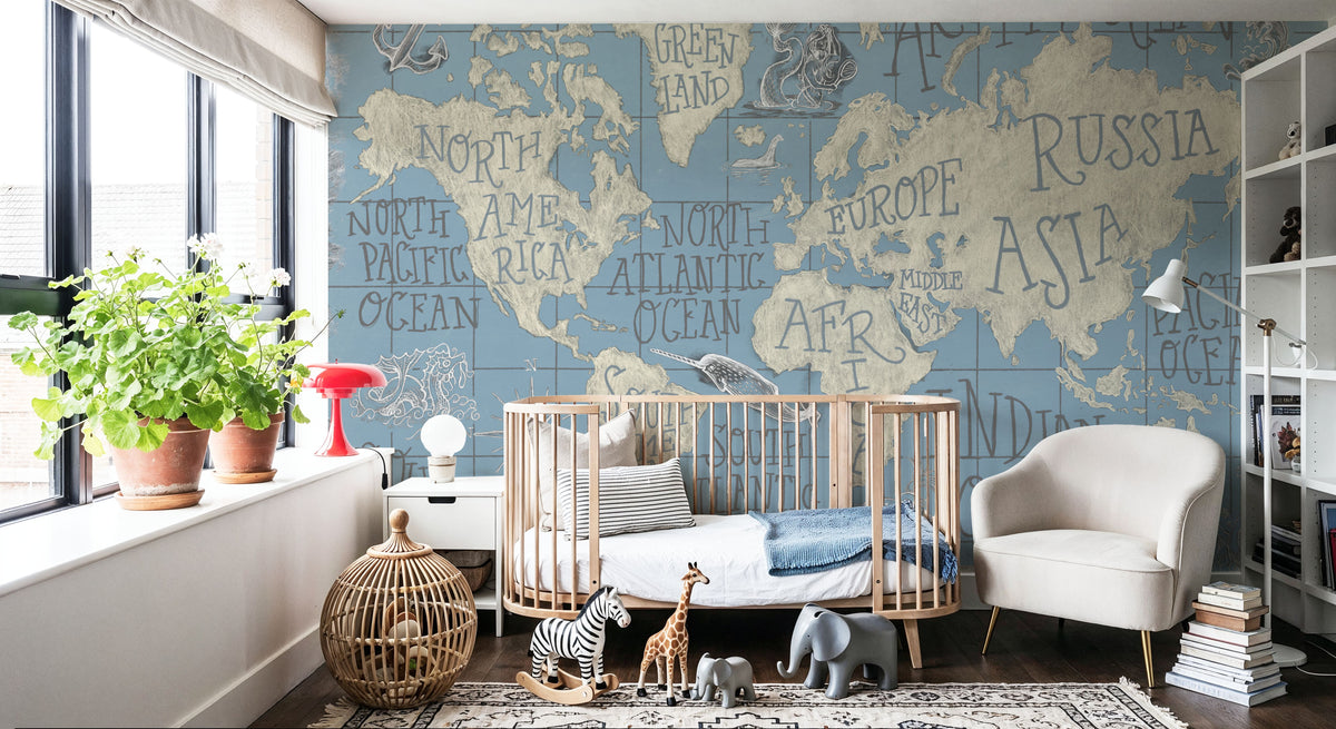 Mythical Map I Blue Mural Wallpaper - room preview 02