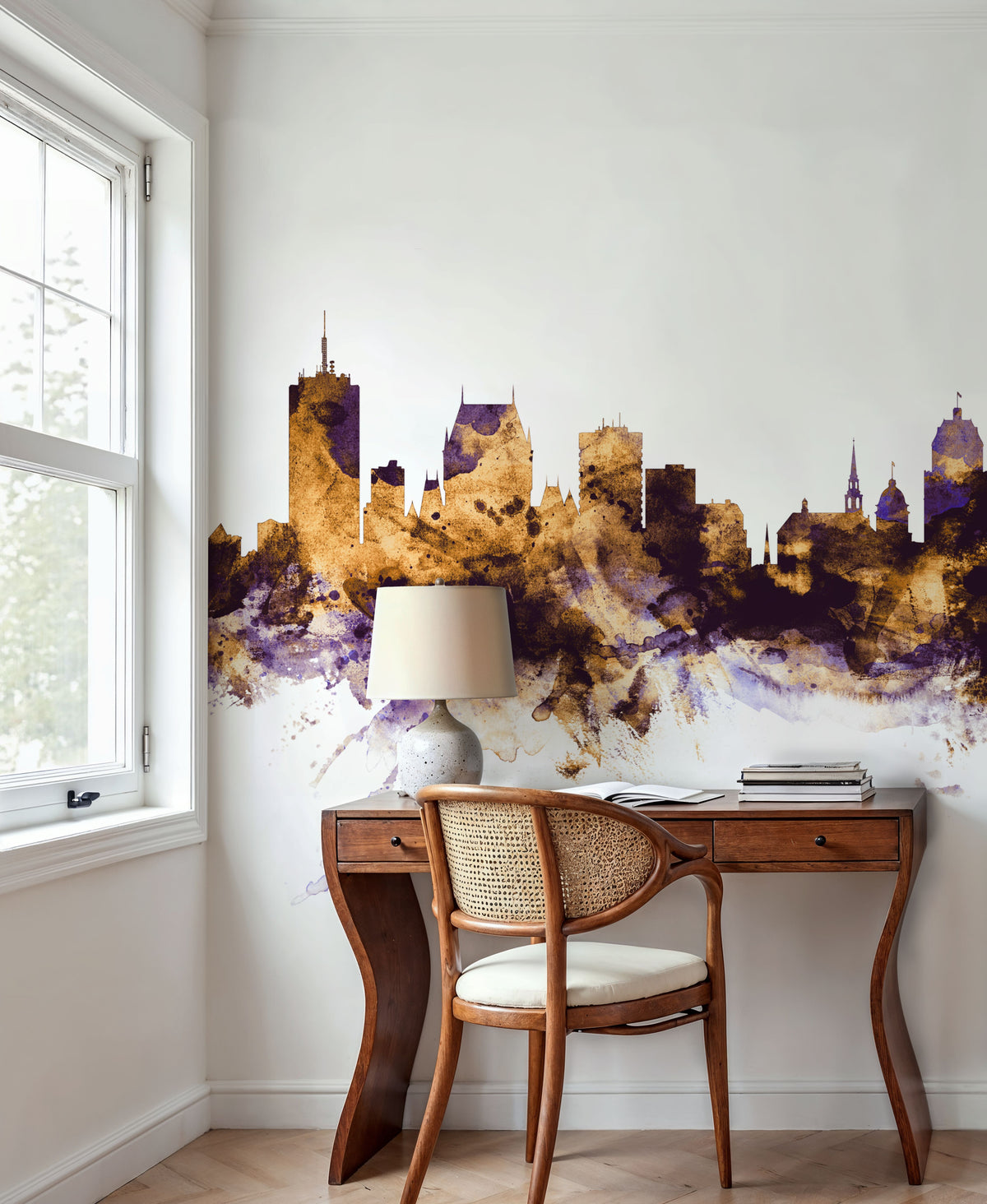 Quebec Canada Skyline Purple & Gold Mural Wallpaper - room preview 02
