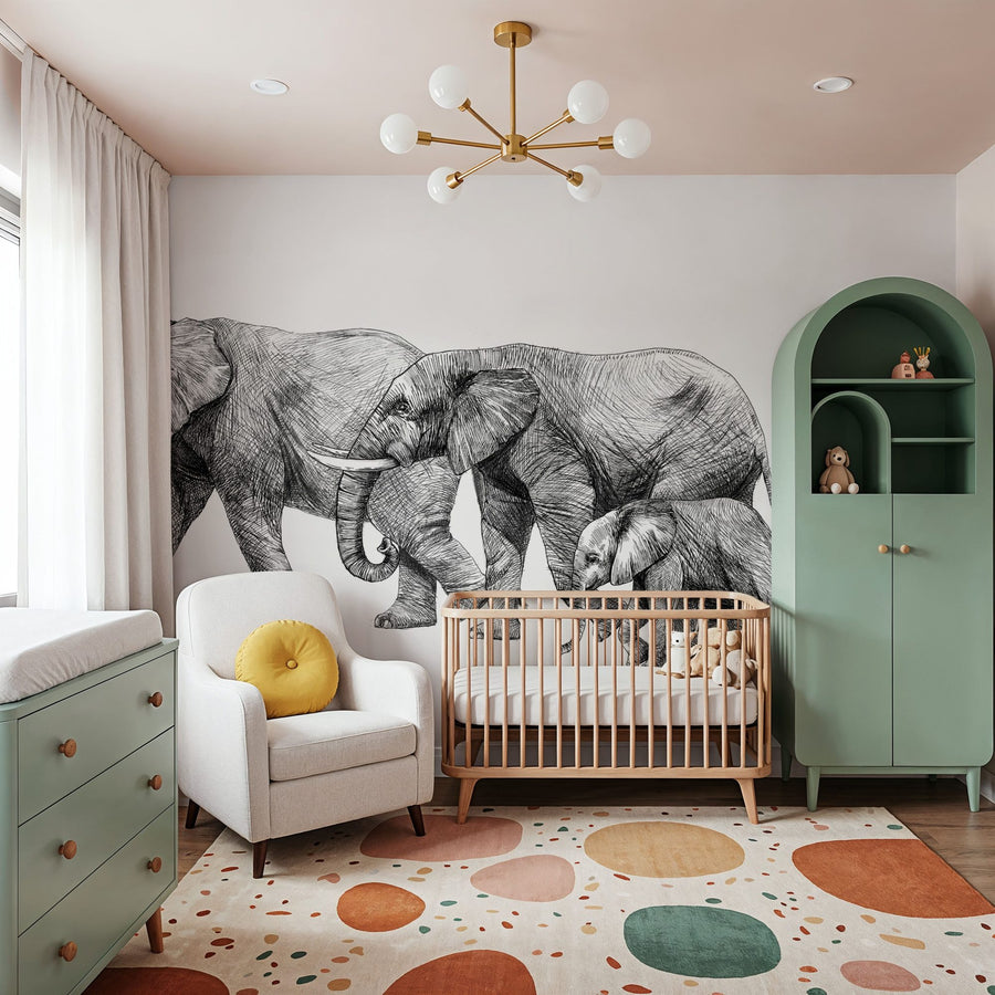 Safari Wallpaper Mural – Wild Animals Wall Mural – Safari Elephants Illustration