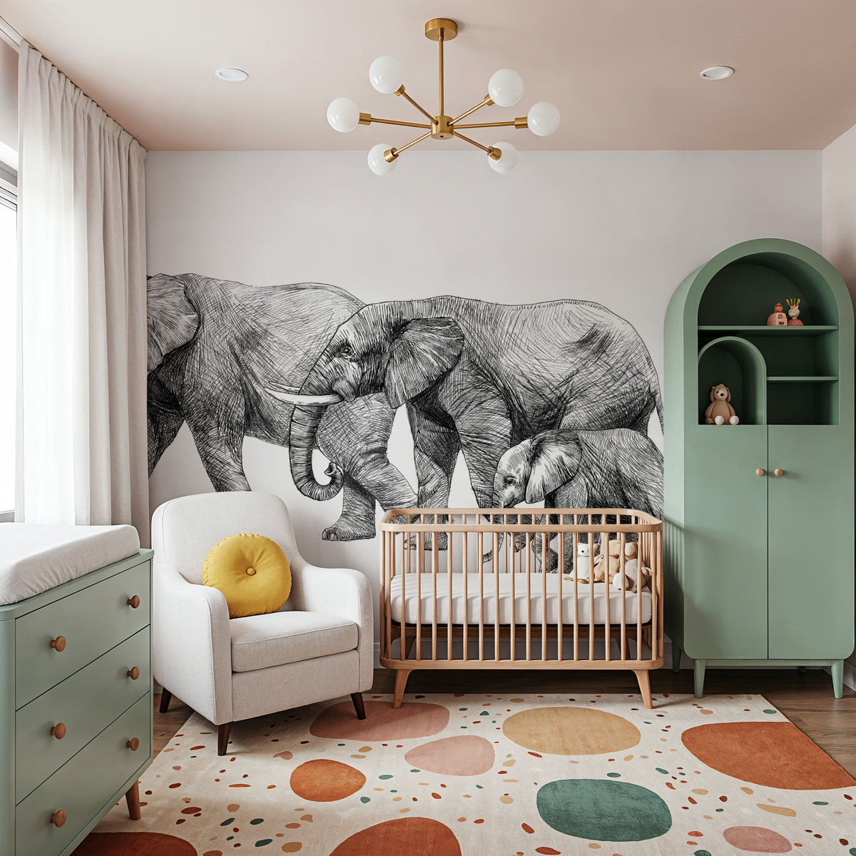 Safari Elephants Illustration Mural Wallpaper - room preview 02