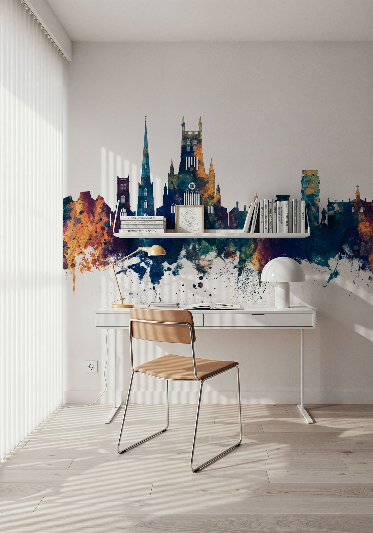 Worcester England Skyline Blue & Bronze Mural Wallpaper - room preview 02