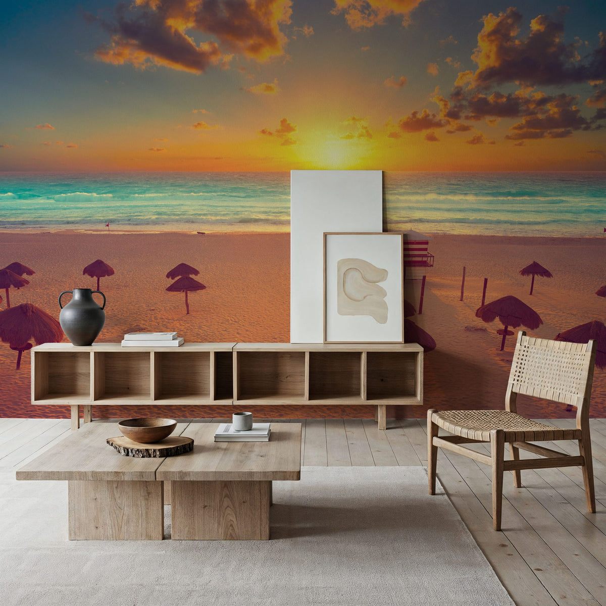 Golden Shore Sunrise Mural Wallpaper - Red Tone - room preview 02