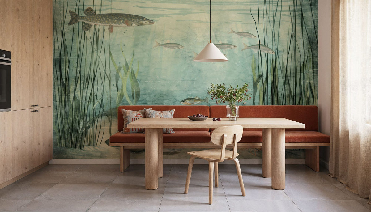 Lake Underwater Life with Pike, Light Mural Wallpaper - room preview 02