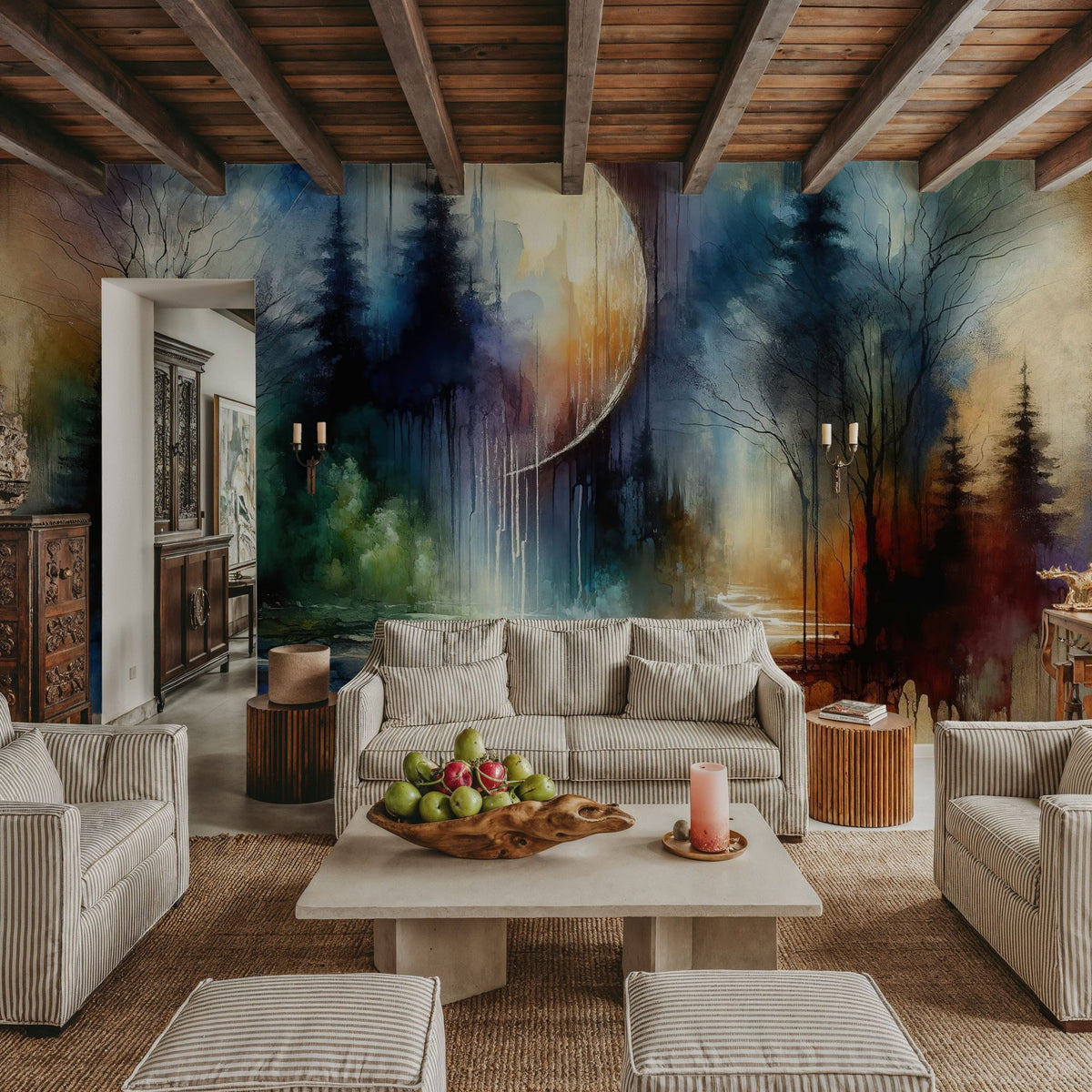 Watercolor Forest in Moonlight Mural Wallpaper - room preview 02
