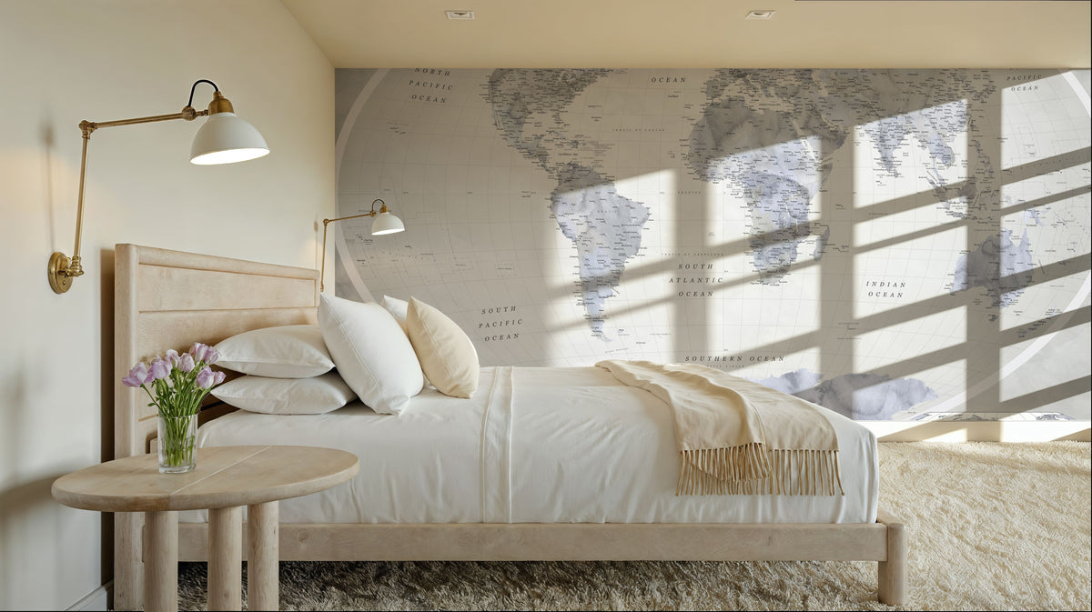 World Map Atlas Blue Gray Mural Wallpaper - room preview 02